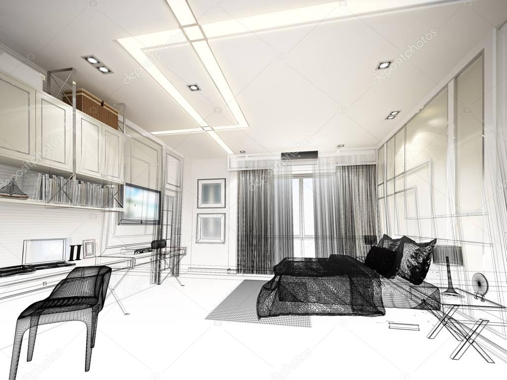 abstract sketch design of interior bedroom,3d rendering