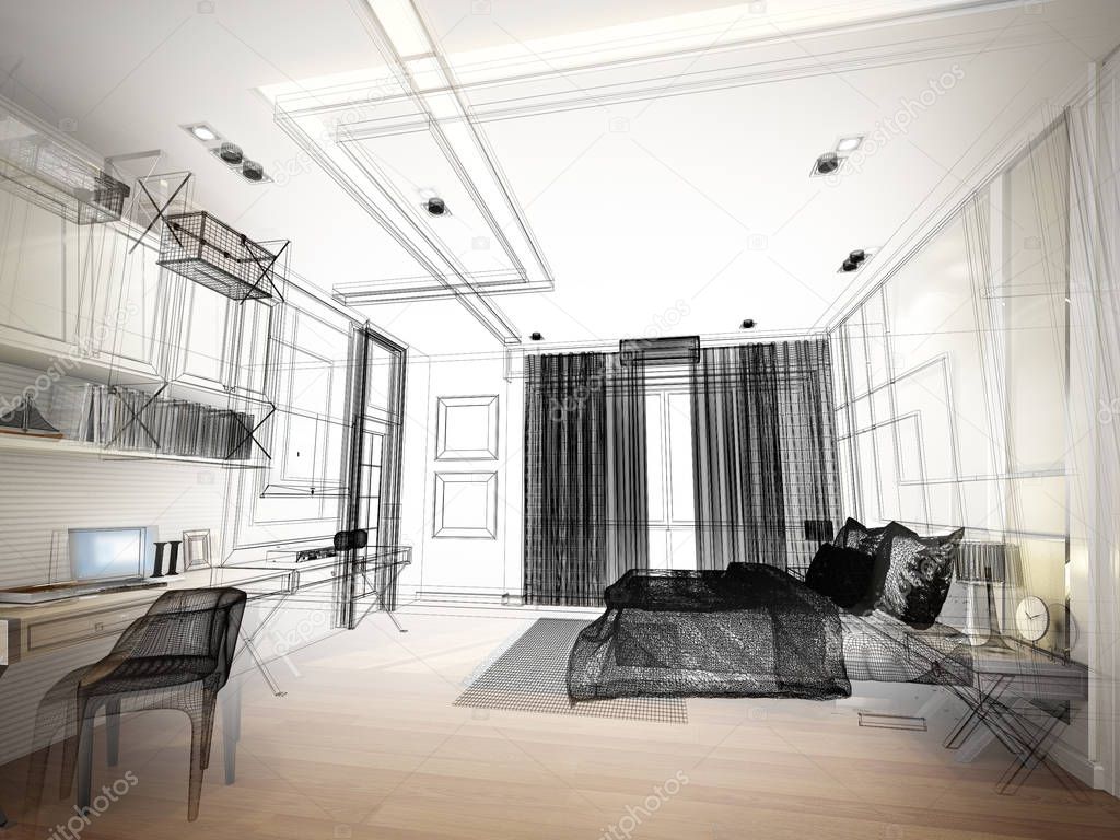 abstract sketch design of interior bedroom,3d rendering
