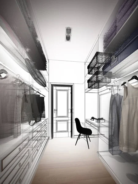 Diseño de boceto abstracto de interior walk-in closet, 3d rendering — Foto de Stock