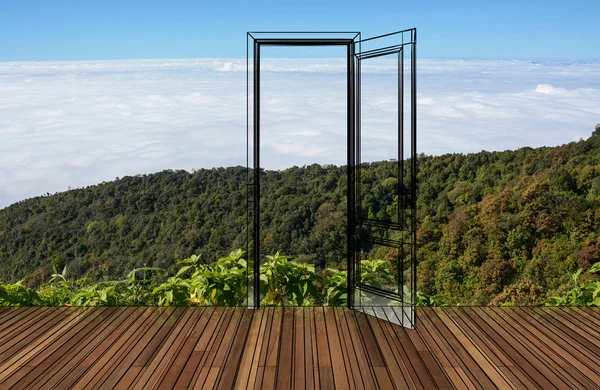 Paisaje detrás de la puerta de apertura, 3D — Foto de Stock