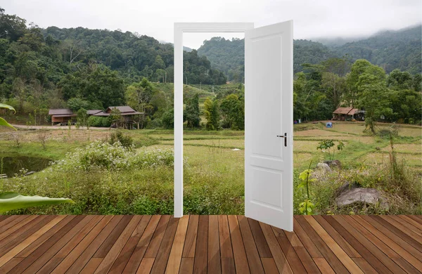 景观背后扇打开的门，3d — 图库照片