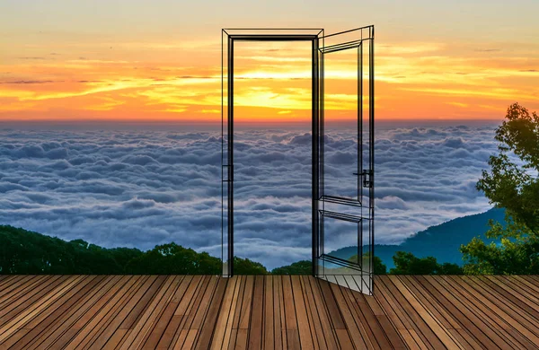 Paisagem atrás da porta de abertura, 3D — Fotografia de Stock