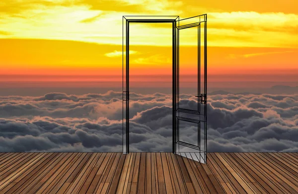 Landscape behind the opening door,3D — Stock Photo, Image