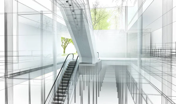 Projeto do esboço do salão interior, renderização 3d — Fotografia de Stock