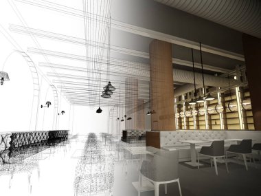 iç Restoran, 3d render tasarım kroki