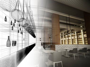 iç Restoran, 3d render tasarım kroki