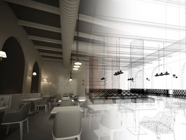 iç Restoran, 3d render tasarım kroki