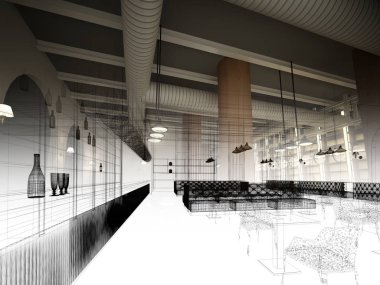 iç Restoran, 3d render tasarım kroki