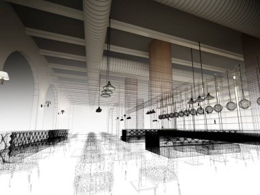 iç Restoran, 3d render tasarım kroki