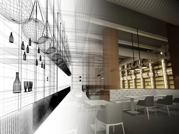 Projeto do esboço do restaurante interior, renderização 3d — Fotografia de Stock