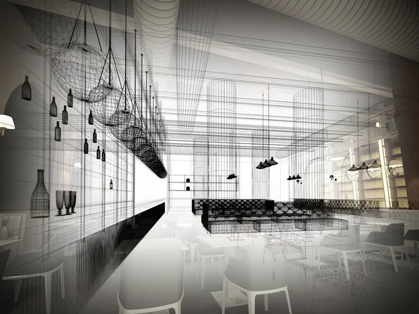 Schizzo progettazione di ristorante interno, rendering 3d — Foto Stock