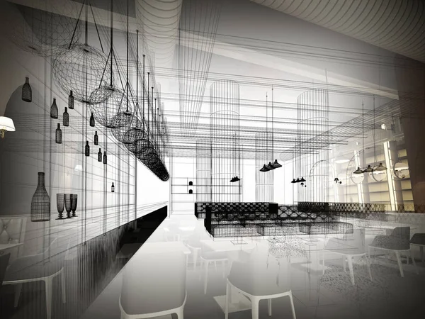 Diseño de boceto de restaurante interior, 3d renderizado —  Fotos de Stock