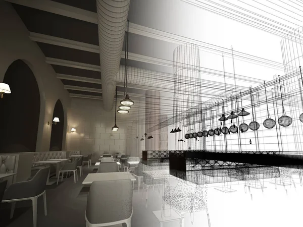 Diseño de boceto de restaurante interior, 3d renderizado — Foto de Stock