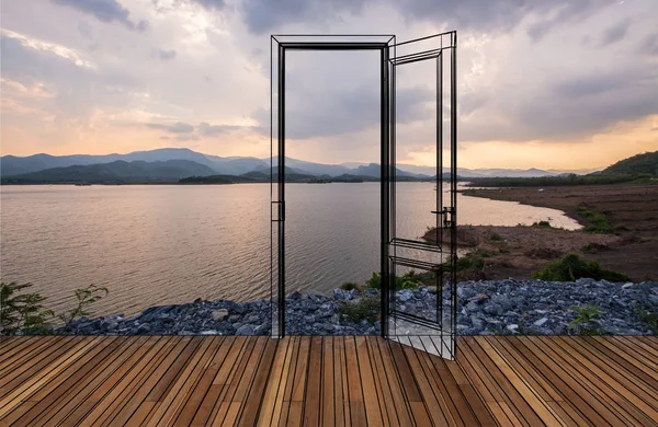 Landscape behind the opening door — Stock Photo, Image