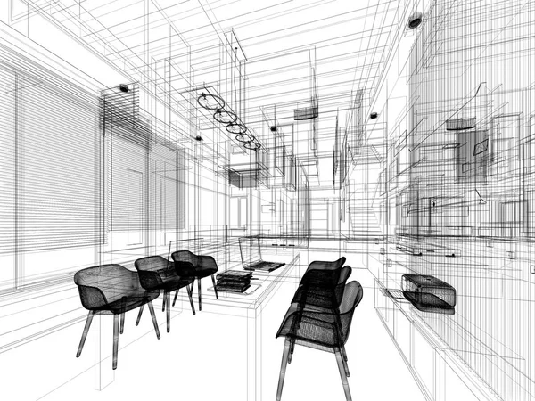 Disegno schizzo della sala studio, rendering cornice 3dwire — Foto Stock