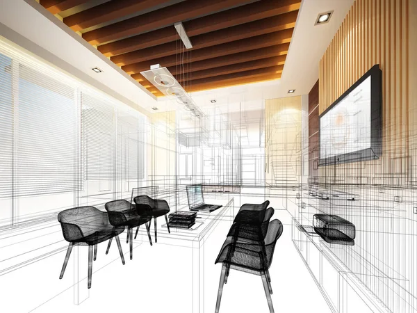 Boceto de diseño de la sala de estudio, 3dwire marco de renderizado — Foto de Stock