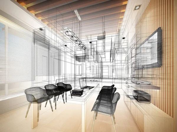 Boceto de diseño de la sala de estudio, 3dwire marco de renderizado —  Fotos de Stock