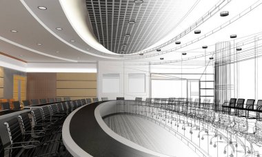 iç konferans salonu, 3d render tel çerçeve tasarım kroki
