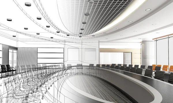 Skiss design interiör konferensrum, 3d rendering tråd ram — Stockfoto