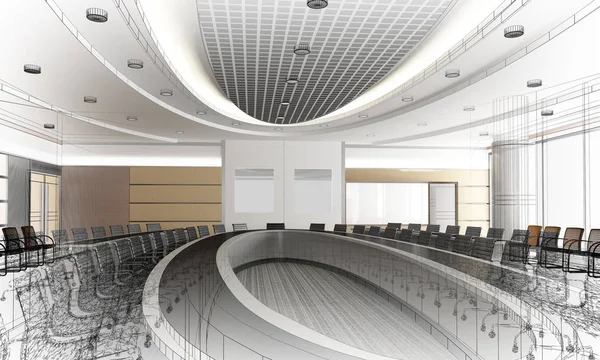 Σκίτσο σχεδιασμός εσωτερικών αίθουσα, 3d rendering πλαίσιο καλωδίων — Φωτογραφία Αρχείου