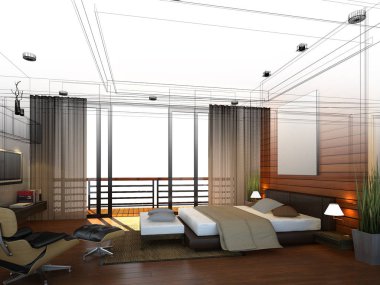 soyut kroki tasarım iç yatak odası, 3d render