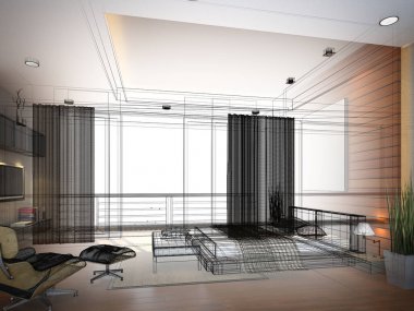 soyut kroki tasarım iç yatak odası, 3d render