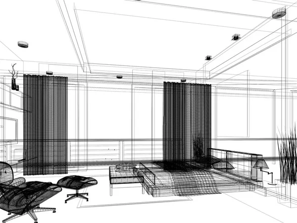 Streszczenie szkic projektu wnętrza sypialni, renderowania 3d — Zdjęcie stockowe