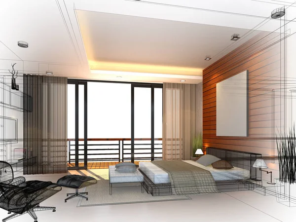 Streszczenie szkic projektu wnętrza sypialni, renderowania 3d — Zdjęcie stockowe