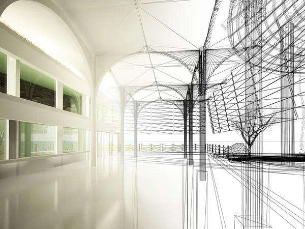 Vázlat tervezése belső terem, 3D renderelés — Stock Fotó