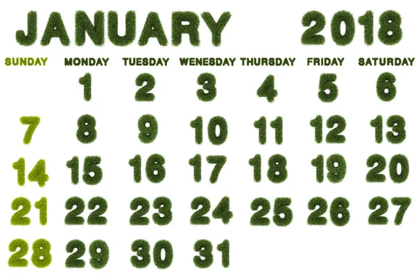 Calendar for February 2018 on white background,3d rendering green grass — Stock Photo, Image