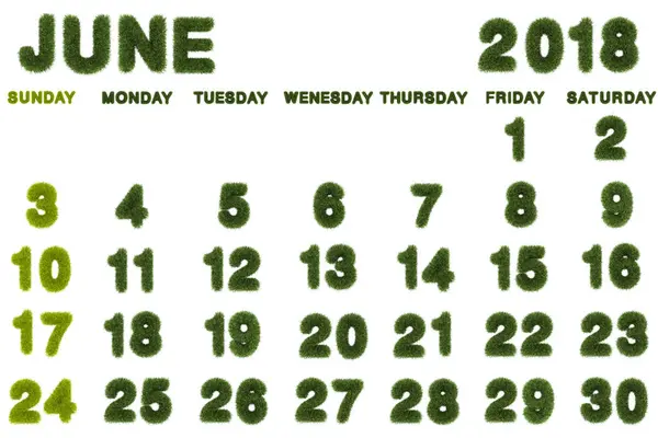Kalendář pro únor 2018 na bílém pozadí, 3d vykreslování zelené trávy — Stock fotografie