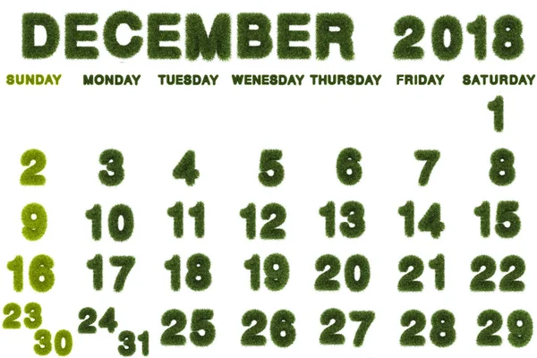 Calendar for February 2018 on white background,3d rendering green grass — Stock Photo, Image