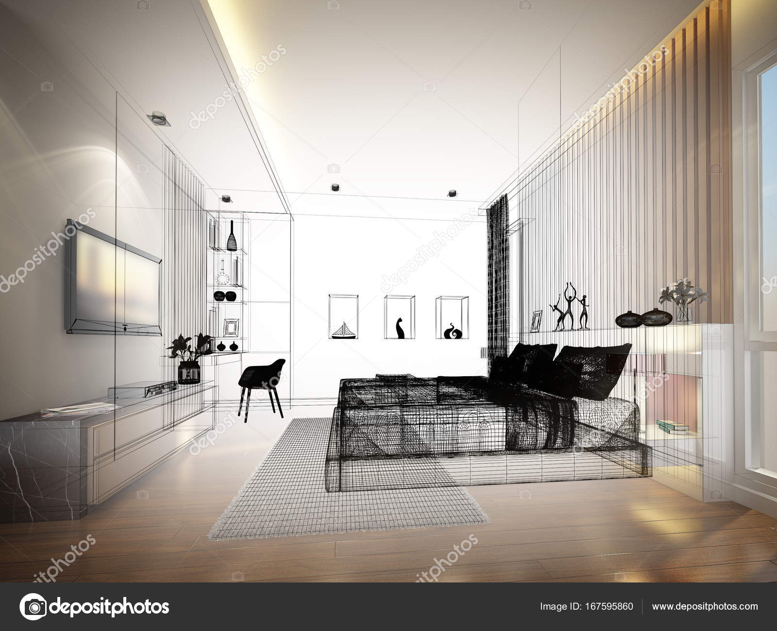 Abstract Sketch Design Of Interior Bedroom3d Rendering