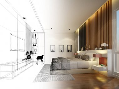soyut kroki tasarım iç yatak odası, 3d render