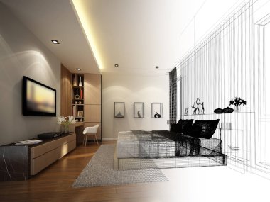 soyut kroki tasarım iç yatak odası, 3d render