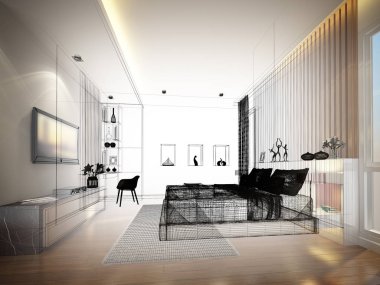 soyut kroki tasarım iç yatak odası, 3d render