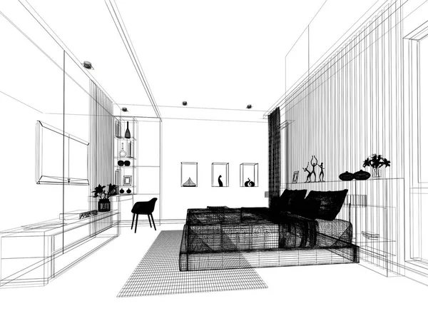 Abstrakte Skizze des Schlafzimmers, 3D-Darstellung — Stockfoto