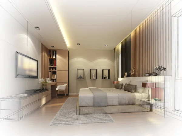 Diseño abstracto del boceto del dormitorio interior, representación 3d —  Fotos de Stock