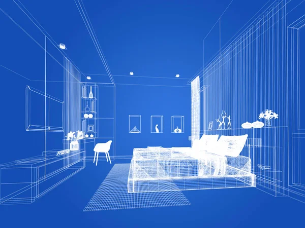 Design abstract schiță de dormitor interior, redare 3D — Fotografie, imagine de stoc