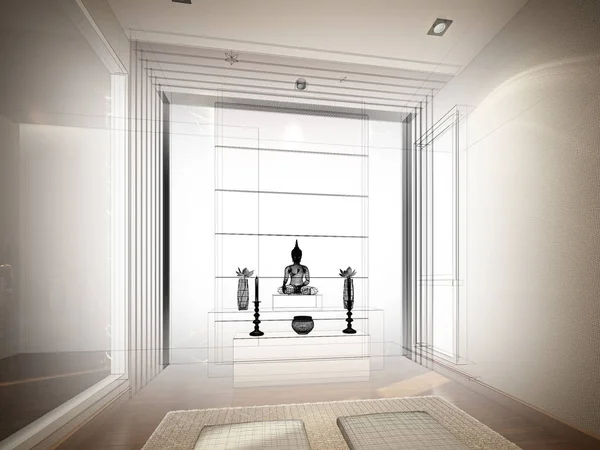 Эскиз интерьера комнаты Будды — стоковое фото