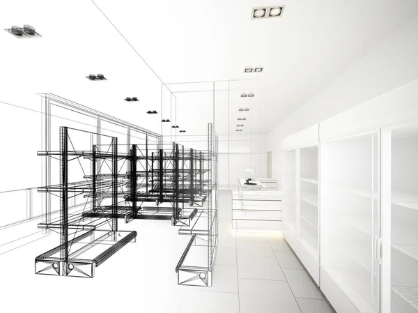 Projeto do esboço do supermercado, renderização 3d — Fotografia de Stock