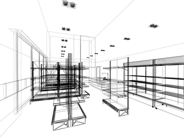 Skizzenentwurf Supermarkt, 3D-Darstellung — Stockfoto
