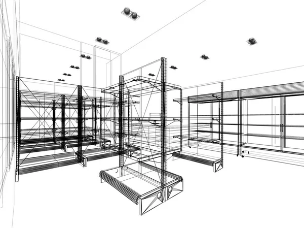 Boceto de diseño de supermercado, 3d renderizado — Foto de Stock