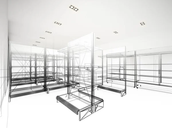 Projeto do esboço do supermercado, renderização 3d — Fotografia de Stock