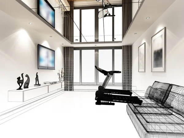 Načrtnout návrh obývacího pokoje, vykreslování 3d objektů — Stock fotografie
