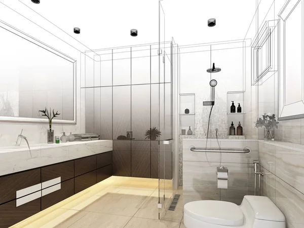 Croquis abstrait design de salle de bain intérieure, rendu 3d — Photo