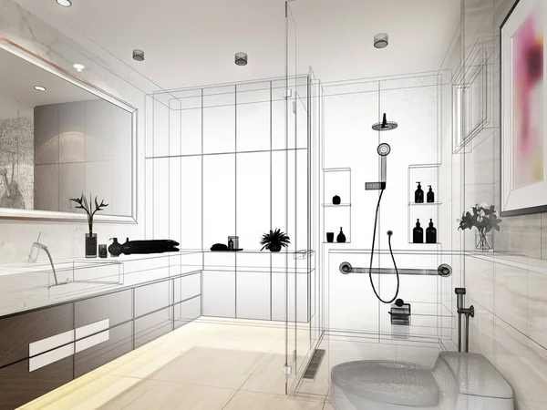 Abstract schets ontwerp van interieur badkamer, 3d rendering — Stockfoto