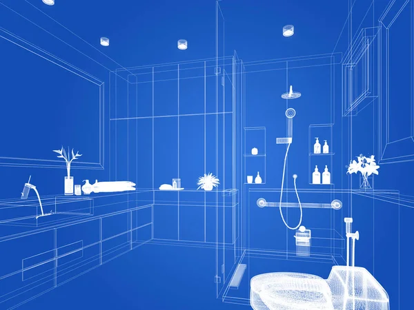 室内バスルームの抽象的なスケッチデザイン3Dレンダリング — ストック写真