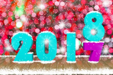 Ahşap masa üstü kar ve dekoratif ışık bokeh ile 2018 metin