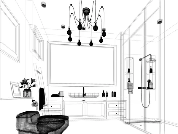 Disegno schizzo astratto del bagno interno, rendering 3d — Foto Stock